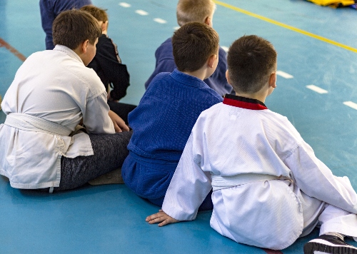 Children sit at attention using self-control gained as one academic benefits of martial arts for kids.