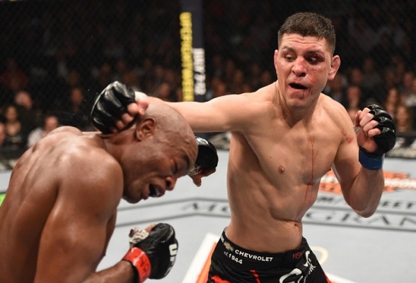 Nick Diaz throws a punch at an opponent during a UFC match.
